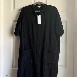 Eileen Fisher - L Organic cotton gauze mandarin collar dress in black